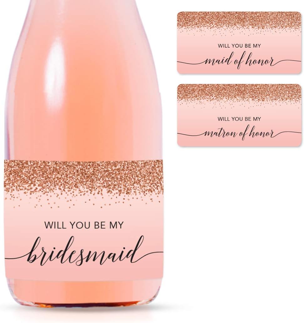 Andaz Press Mini Champagne Wine Bottle Proposal Labels - Will You Be My Bridesmaid? Matron Maid of Honor? - Blush Pink Faux Rose Gold Glitter 20-Pack Stickers