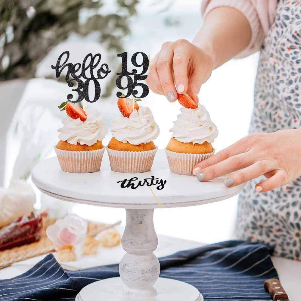 24 Pcs Black Glitter 30th Birthday Cupcake Toppers for 30th Anniversary Birthday Party Wedding Party Decorations