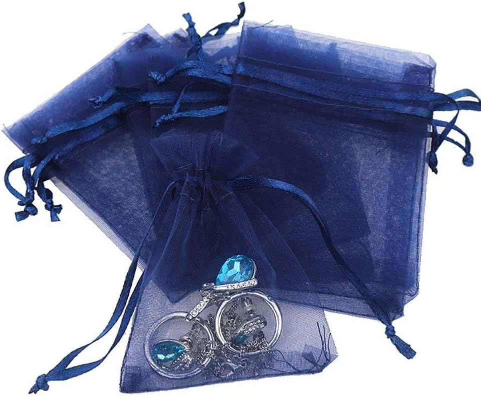 Wudygirl 100PCS Organza Bags 5X7 inch Navy Blue with Drawstring Jewelry Pouch Favor Wedding Favor Bags(Navy Blue 5x7'')