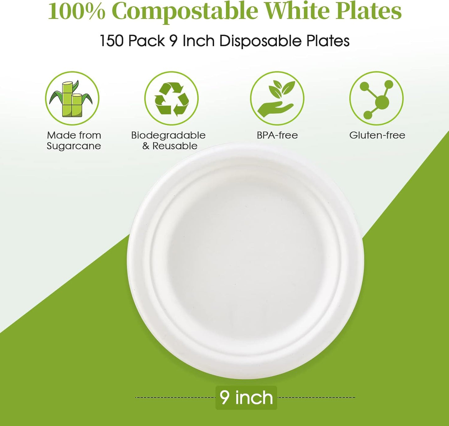 ECOLipak 9 inch 150 Pack Compostable Paper Plates, Heavy Duty Disposable Biodegradable Eco-friendly Sugarcane Bagasse Plates for Party Dinner