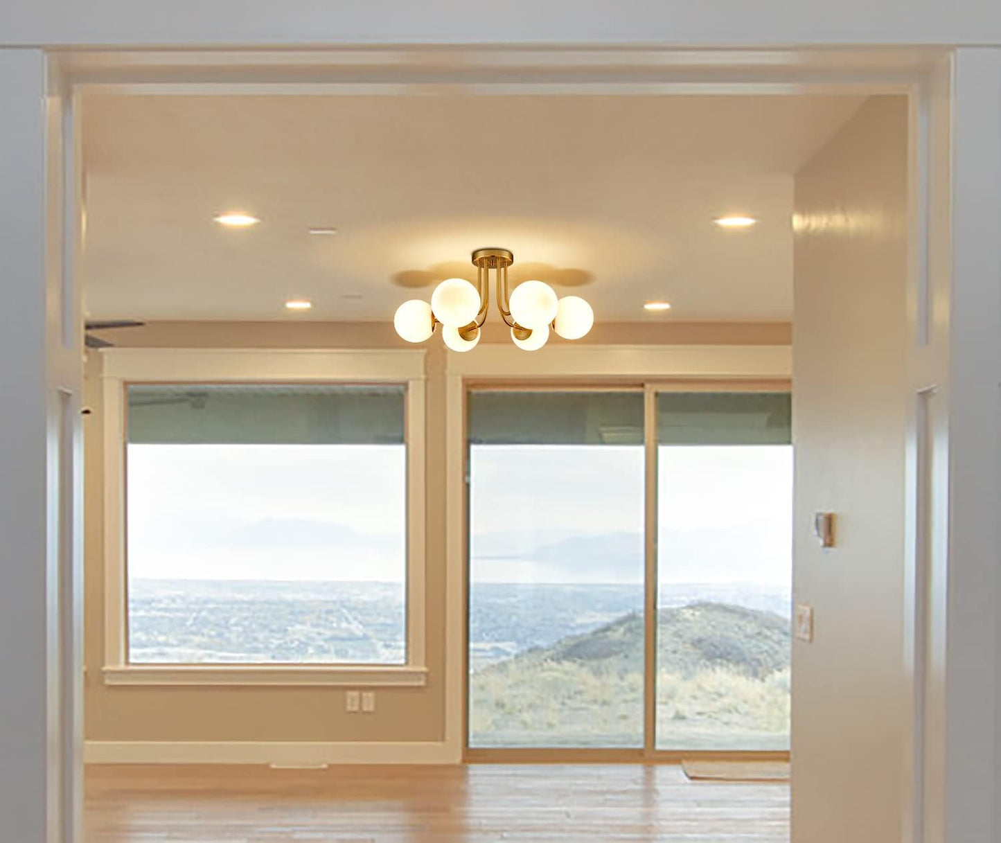 Modern Brushed Brass Gold 6-Light Ceiling Light with Globe White Glass Shade Semi Flush Mount Light Fixture for Dinning Room Foyer Hallway Sputnik Chandeliers