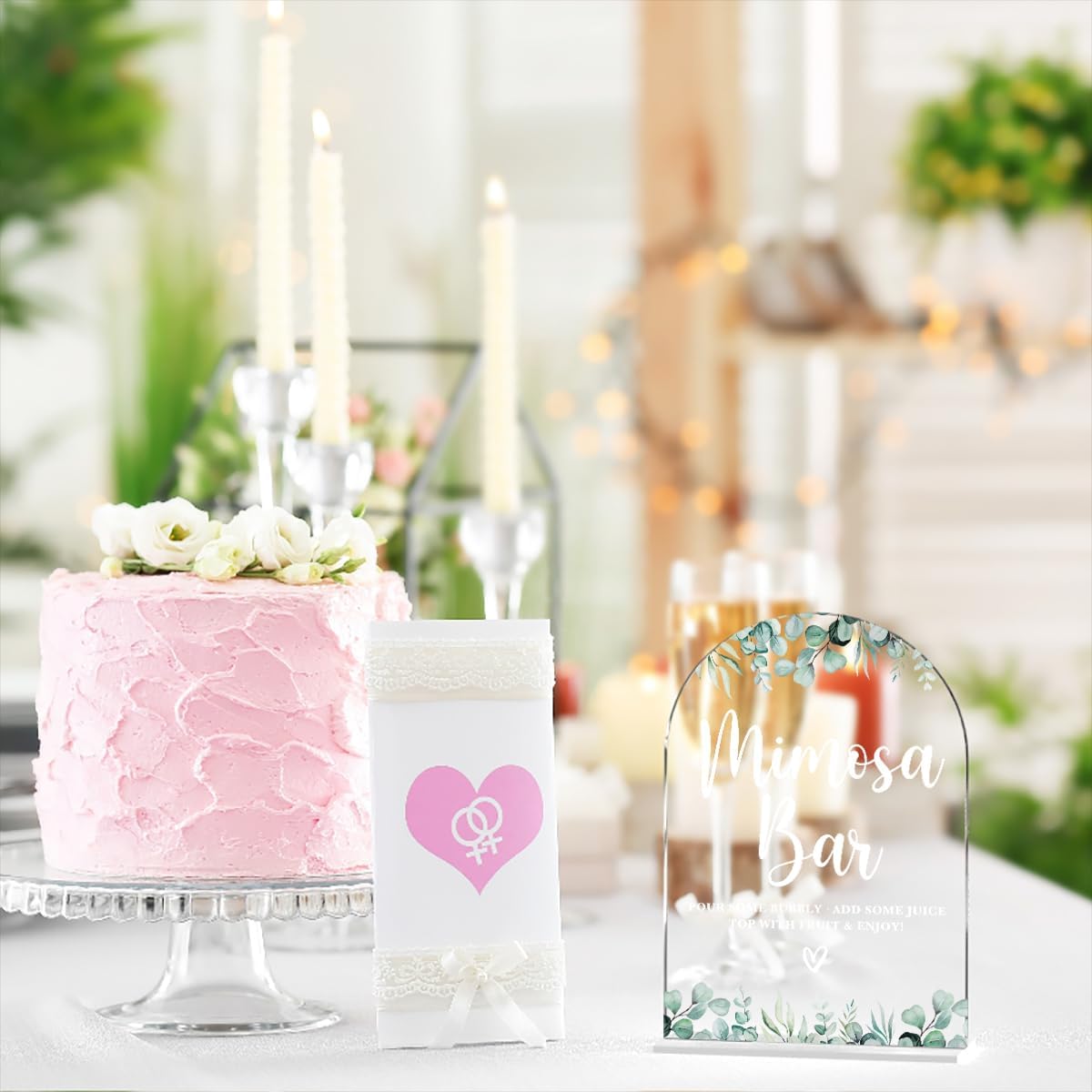 Acrylic Wedding Signs, Bridal Shower Decorations, Mimosa Bar Signs for Reception, Modern Calligraphy Arch Acrylic Table Top Sign for Wedding Reception and Engagement Parties (Clear Eucalyptus Leaves)