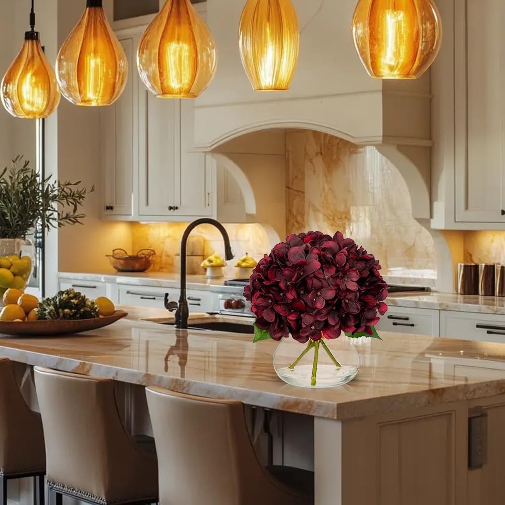 Hollyone Dark Red Fall Hydrangea Artificial Flowers for Decoration in Glass Vase Autumn Silk Faux Flower Arrangements with Faux Water Table Centerpiece Vase with Fake Flowers Fall Decorations for Home