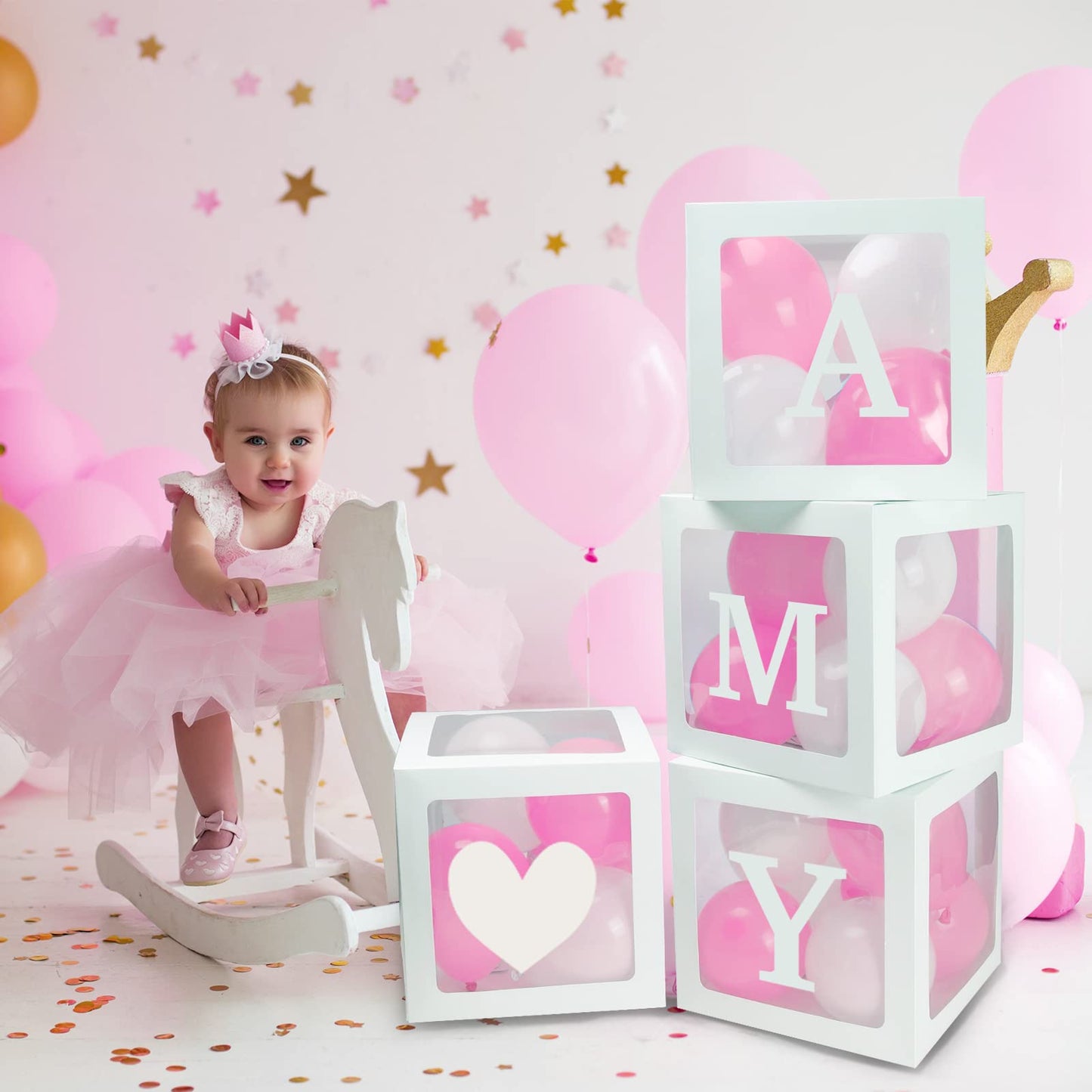 RUBFAC Baby Boxes with Letters and 36 Balloons, 4pcs Clear Balloon Boxes for Gender Reveal Baby