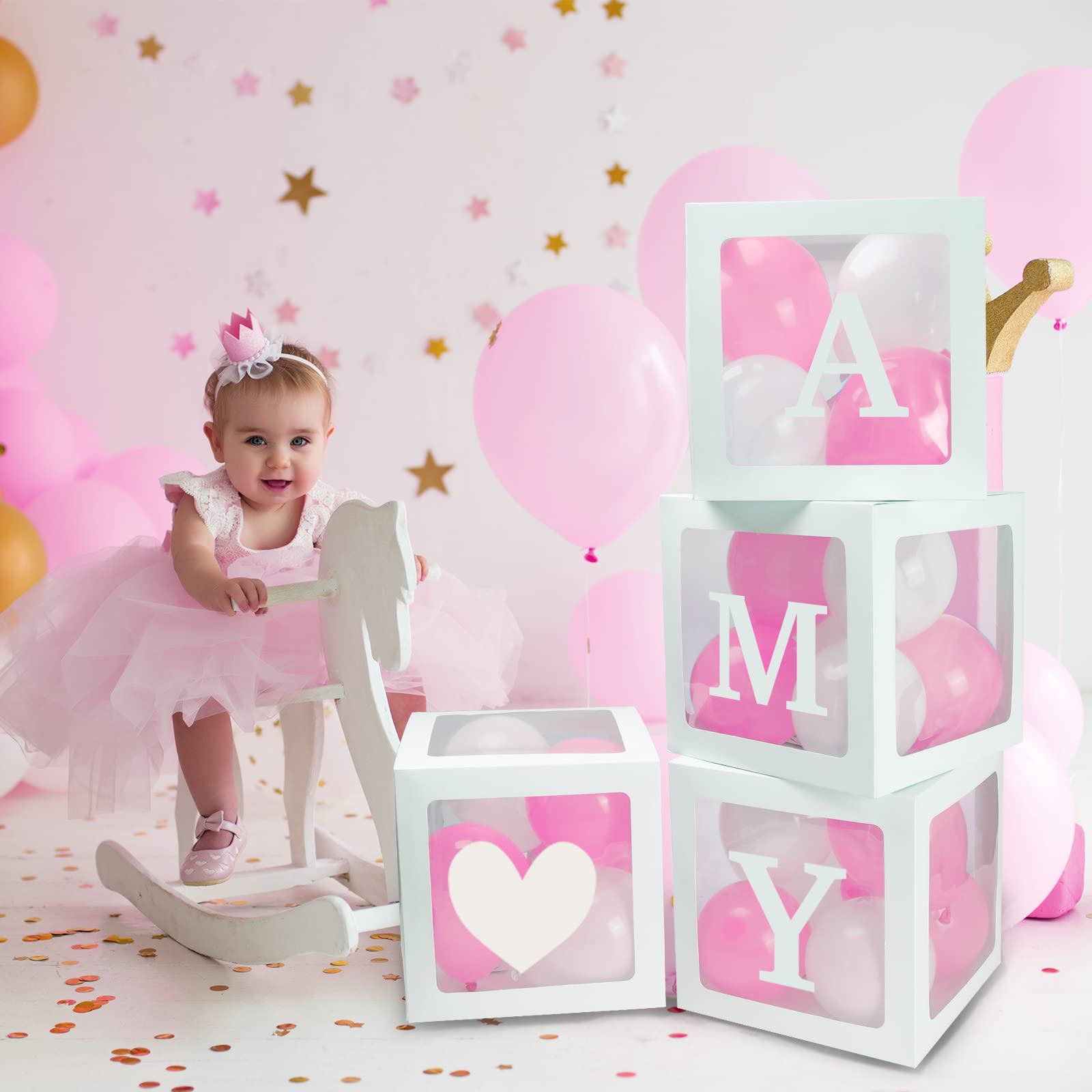 RUBFAC Baby Boxes with Letters and 36 Balloons, 4pcs Clear Balloon Boxes for Gender Reveal Baby