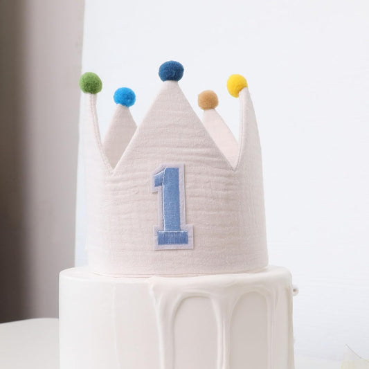 Muslin Crown Hat 1-3 Birthday For Baby Boy Girl Party Decoration Blue Pink Headband