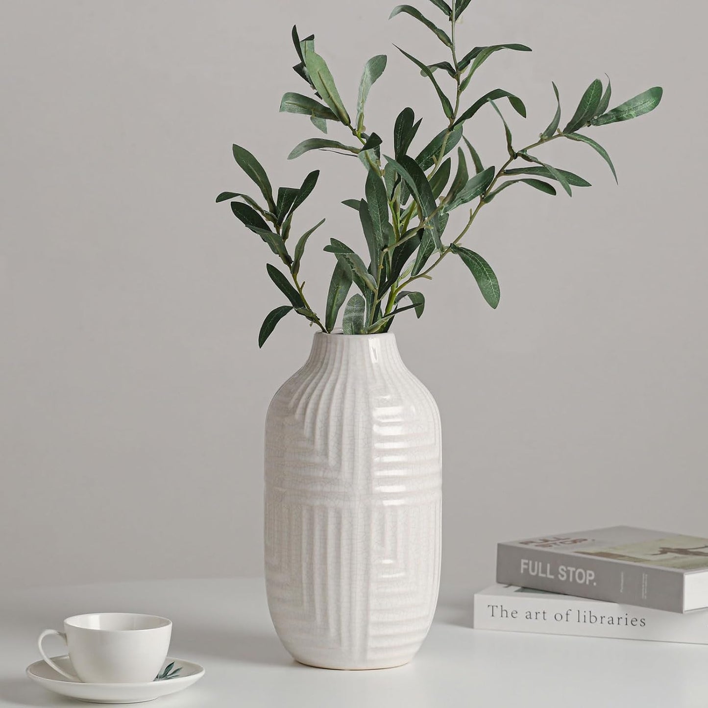 hjn White Ceramic Vase for Home Decor - Modern Vases for Living Room/Bookshelf/Mantel - 10.6" H