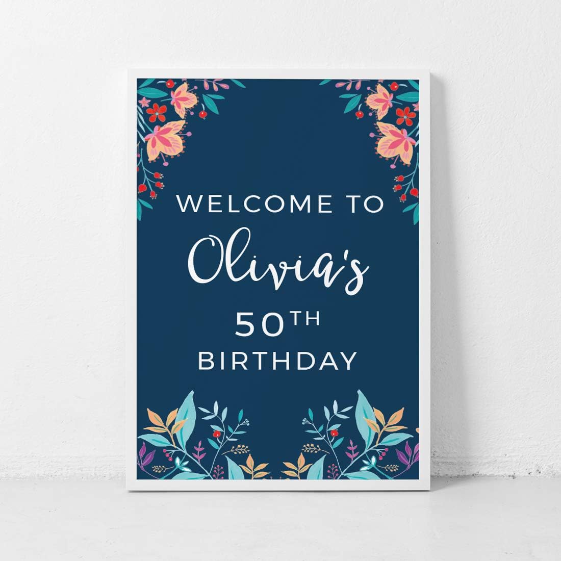 Andaz Press Personalized Extra Large Birthday Easel Board Party Sign, 12x18-inch, Vintage Bohemian Flowers on Navy Blue, Welcome to Olivia's 50th Birthday, 1-Pack, Custom Name Age