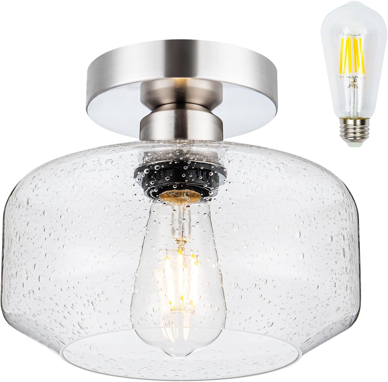 Semi Flush Mount Ceiling Light, Vintage Style - Clear Seeded Glass & Brushed Nickel with 900 Lumens LED Bulb Included, Suitable for Kitchen, Bathroom, Hallway, Bedroom, Entryway