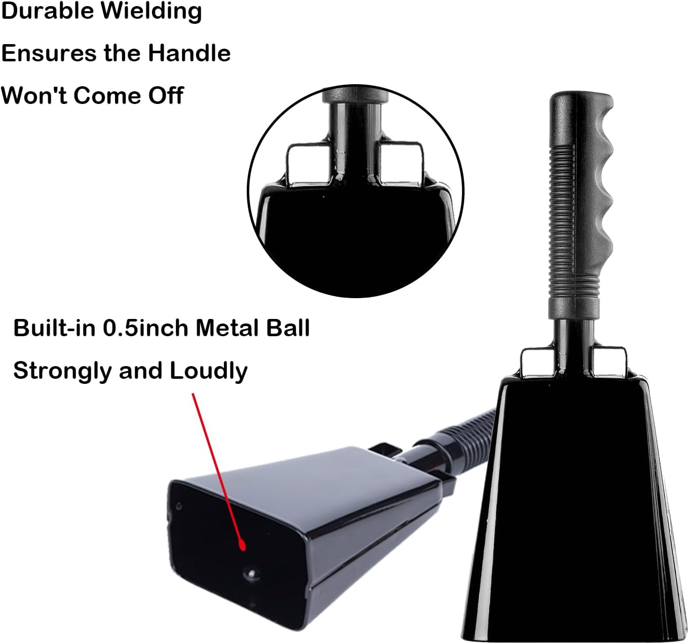 Steel Cowbell with Handle 8 Inch Cow Bells Noise Makers, 2 Pack Large Cowbells for Sporting Events, Hand Percussion Cowbells Cheering Bell for Football Game Party Concert Graduation School (Black)
