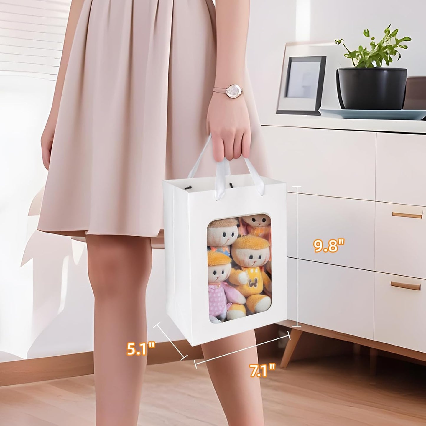 MOXARYSU 6 Pcs White Gift Bags with Clear Window: 9.8x5.1x7.1 Inch Medium Kraft Paper Bags with Handle For Party Business Birthday Wedding (White,6p)