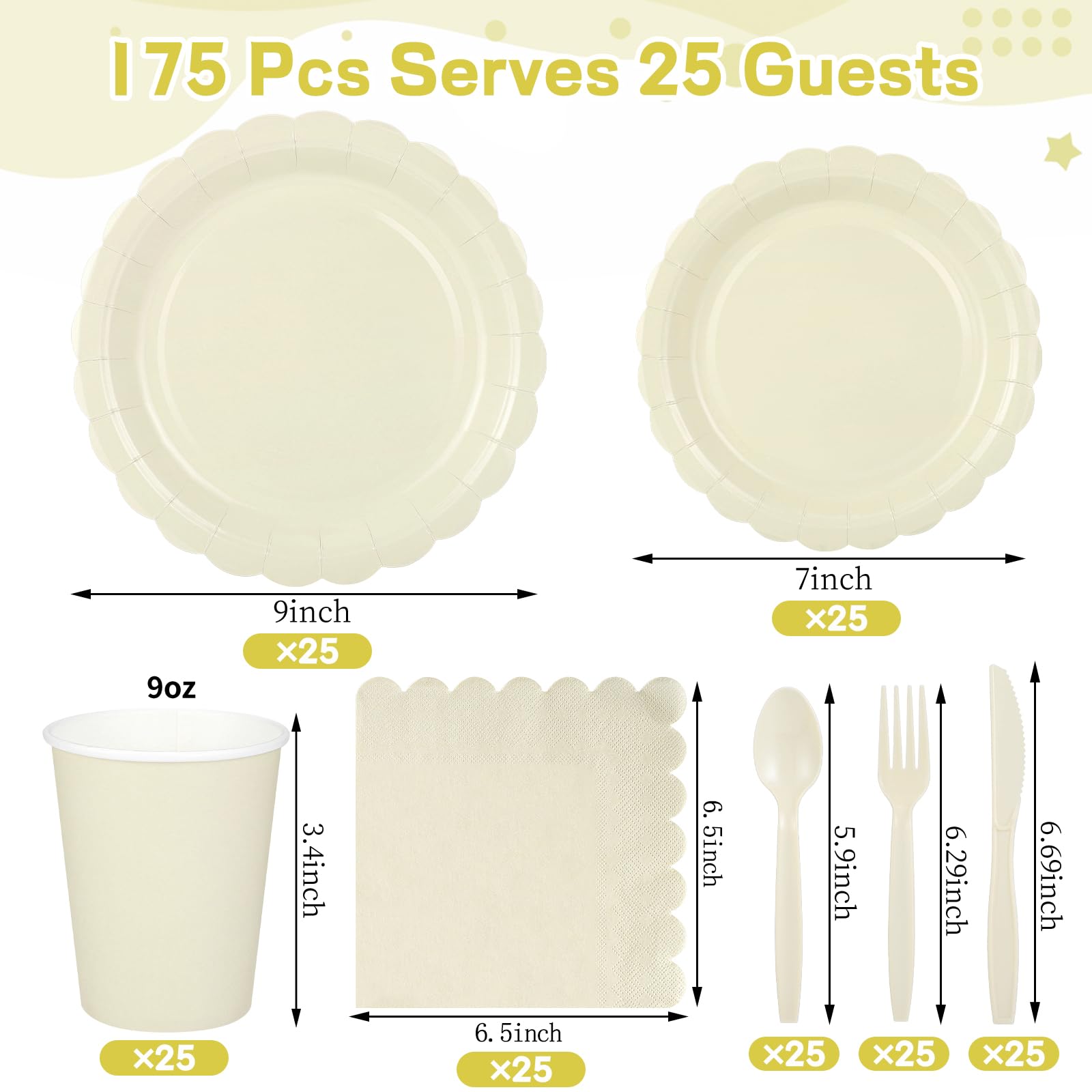 Xiangqu 25 Set Party Plates and Cups and Napkins Ivory Scalloped Dinnerware