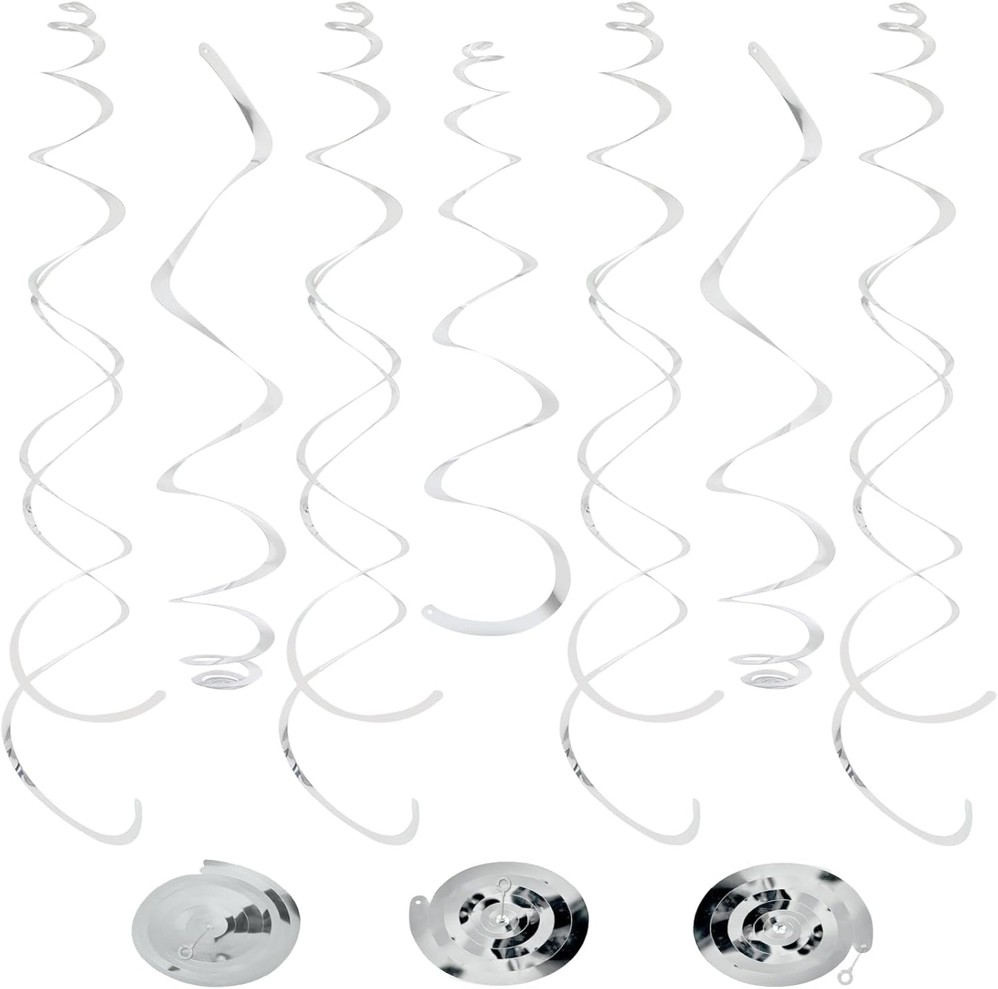 24 PCS Silver Foil Hanging Swirl, Sparkle Ceiling Hanging Decorations, Plastic Streamer Party Decorations, Swirl Decorations with Double-Swirls and Single-Swirls for Birthday, Baby Shower, New Years
