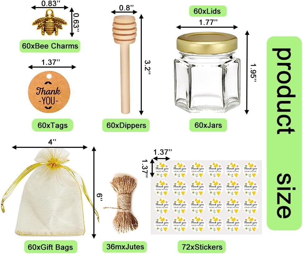 Adabocute Mini Honey Jars with Dipper - Hexagon Honey Pot Set with Gold Lid, Bee Pendants, Jutes, Gold Organza Bags and Stickers - Perfect for Baby Shower Party Favors Wedding Favors, 60 Pack 1.5oz