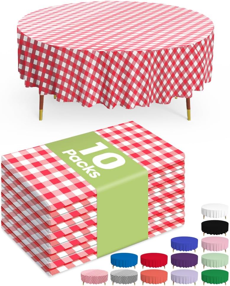 Pureegg Plastic Table Cloth Disposable 10 Pack, 84'' Round Table Cloths, Party, Picnic, Decorative Gingham Tablecloths, Round, Red and White Checkered Cover, Leakproof & Sturdy, Red Plaid