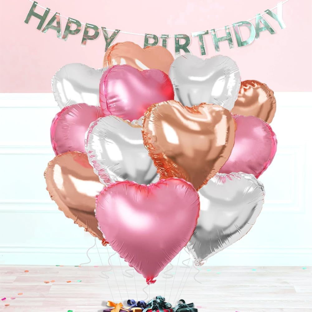 Rose Gold & Silver Heart Balloons，18 Inch Light Pink Foil Love Heart Shaped Balloons for Birthday Party Bridal Engagement Wedding Anniversary Baby Shower Valentines Decorations 12Pcs