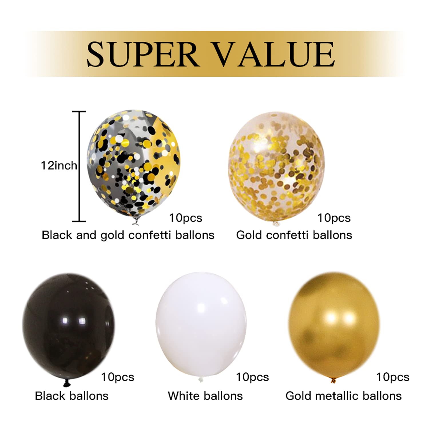 Zesliwy Black Gold Confetti Balloons 50 pack - 12 Inch Gold White and Black Confetti Balloons with