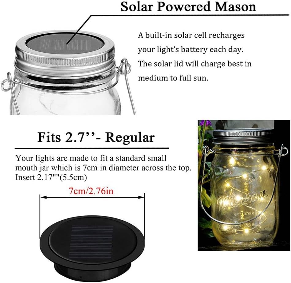 6 Pack Mason Jar Lights, 10 LED Solar Multi-Colored Fairy String Lights Lids Insert for Garden Deck Patio Party Wedding Decorative Lighting Fit for Regular Mouth Jars