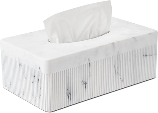 Marble Tissue Box Cover, Rectangular Napkin Facial Tissues Holder for Home Office, Hand Poured Marble Tissue Box Holder, 10 x 5.7 x 3.7 inches, White