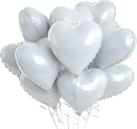 Grey White Heart Foil Heart Shaped Balloons, 10PCS White Foil Heart Balloons Valentines 18inch White Love Foil Balloons for Helium Valentine Decorations for White Wedding, Brithday Party, Anniversary