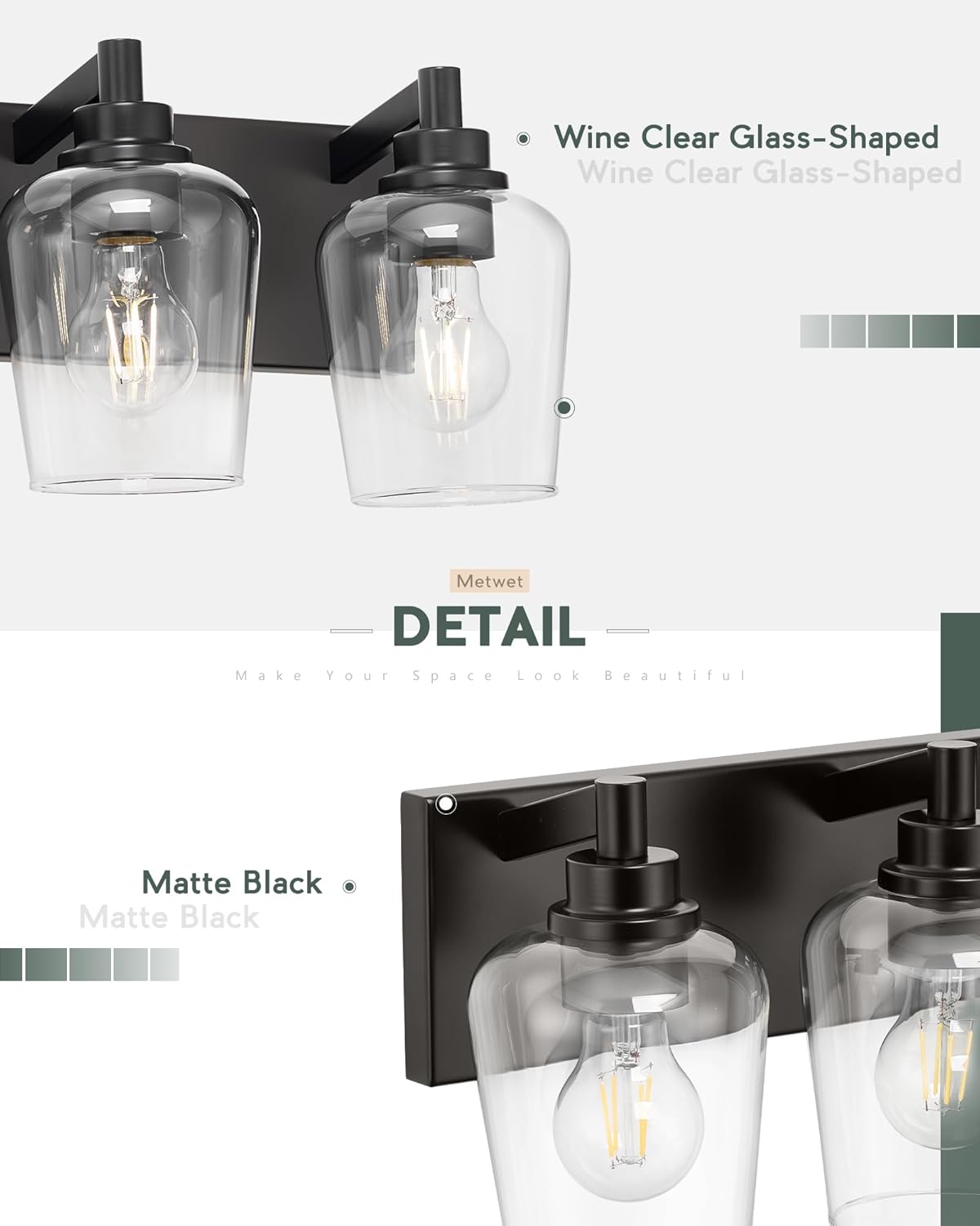 Bathroom Light Fixtures, 4-Light Modern Vanity Light with Clear Glass Wine Glass-Shaped Shade, Vanity Lighting Fixtures Over Mirror, Matte Black, VL155-MB-4