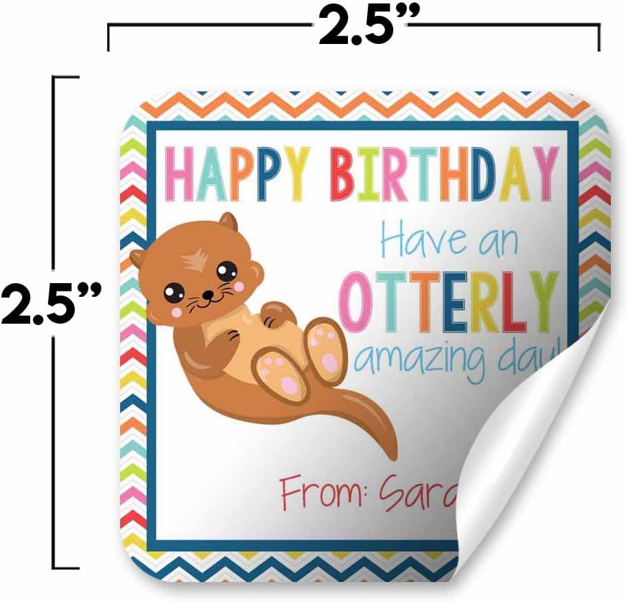 Custom & Personalized Adorable Otter Otterly Amazing Happy Birthday Gift Tag Sticker Labels, 24 2.5" Square Stickers by Amanda Creation