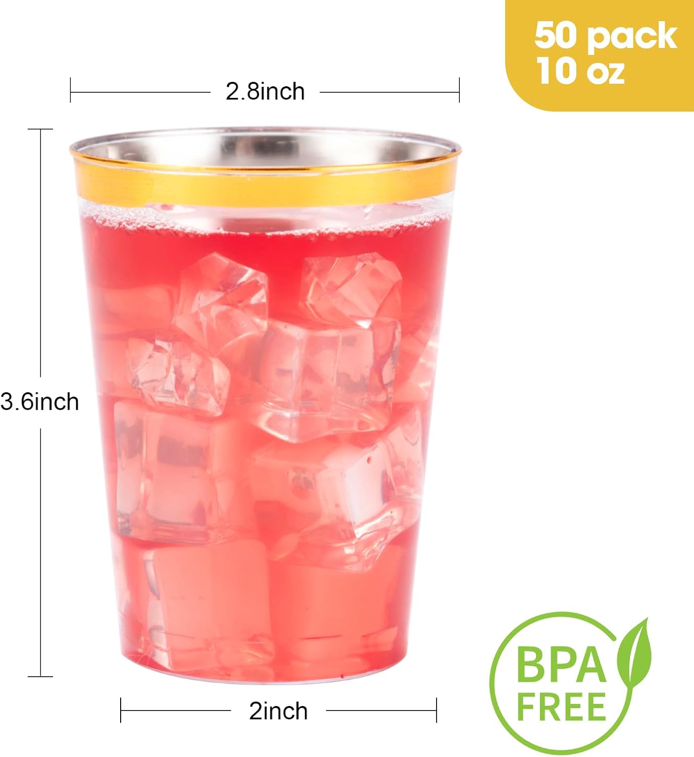 Goodluck 50PCS 10oz Gold Plastic Cups for Party, Disposable Gold Rim Cups, Plastic Cocktail Glasses for Wedding Thanksgiving, Christmas, and Parties