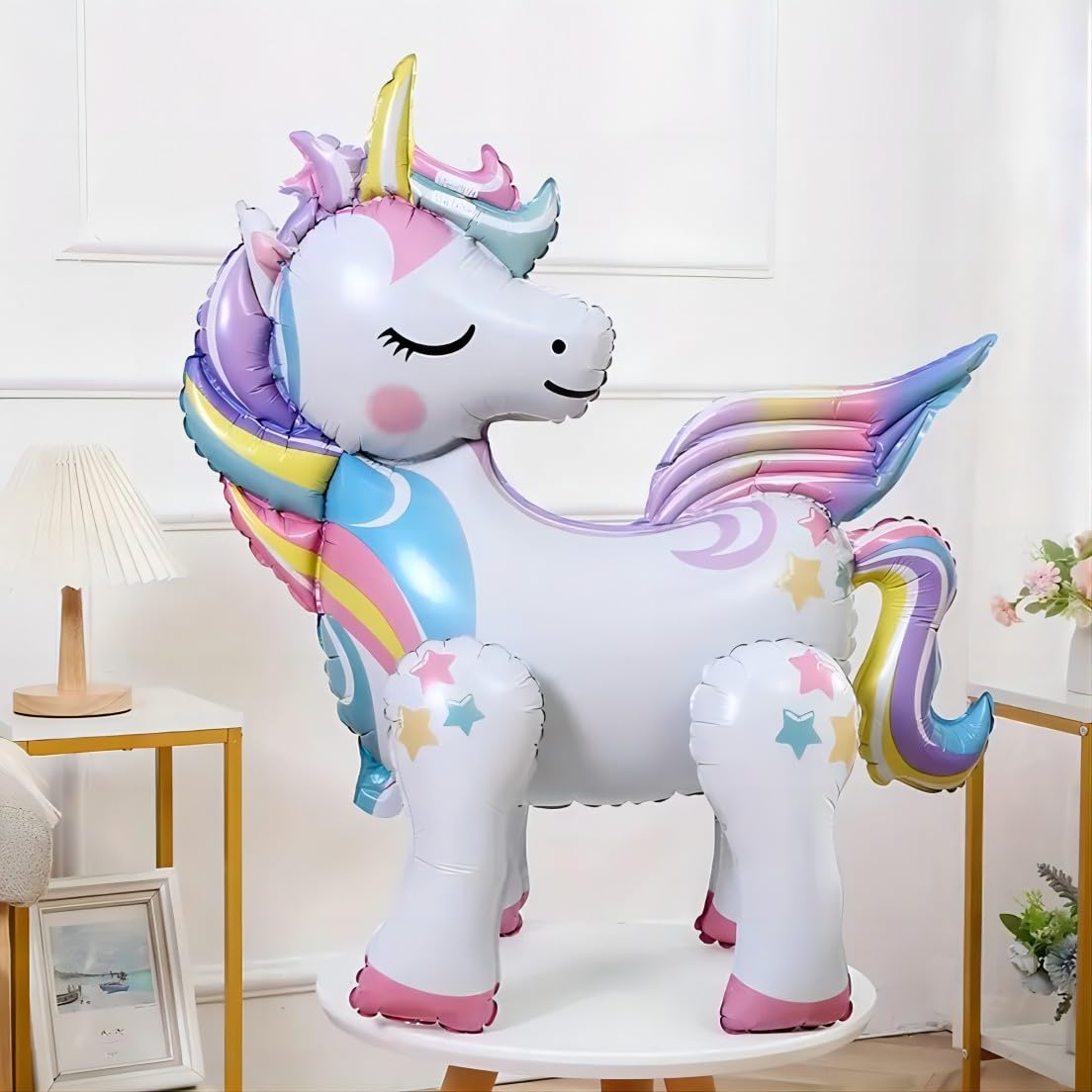 DUILE 5 Pcs Self Standing Unicorn Balloons - 3D Rainbow and Star Foil Balloons for Birthday Party