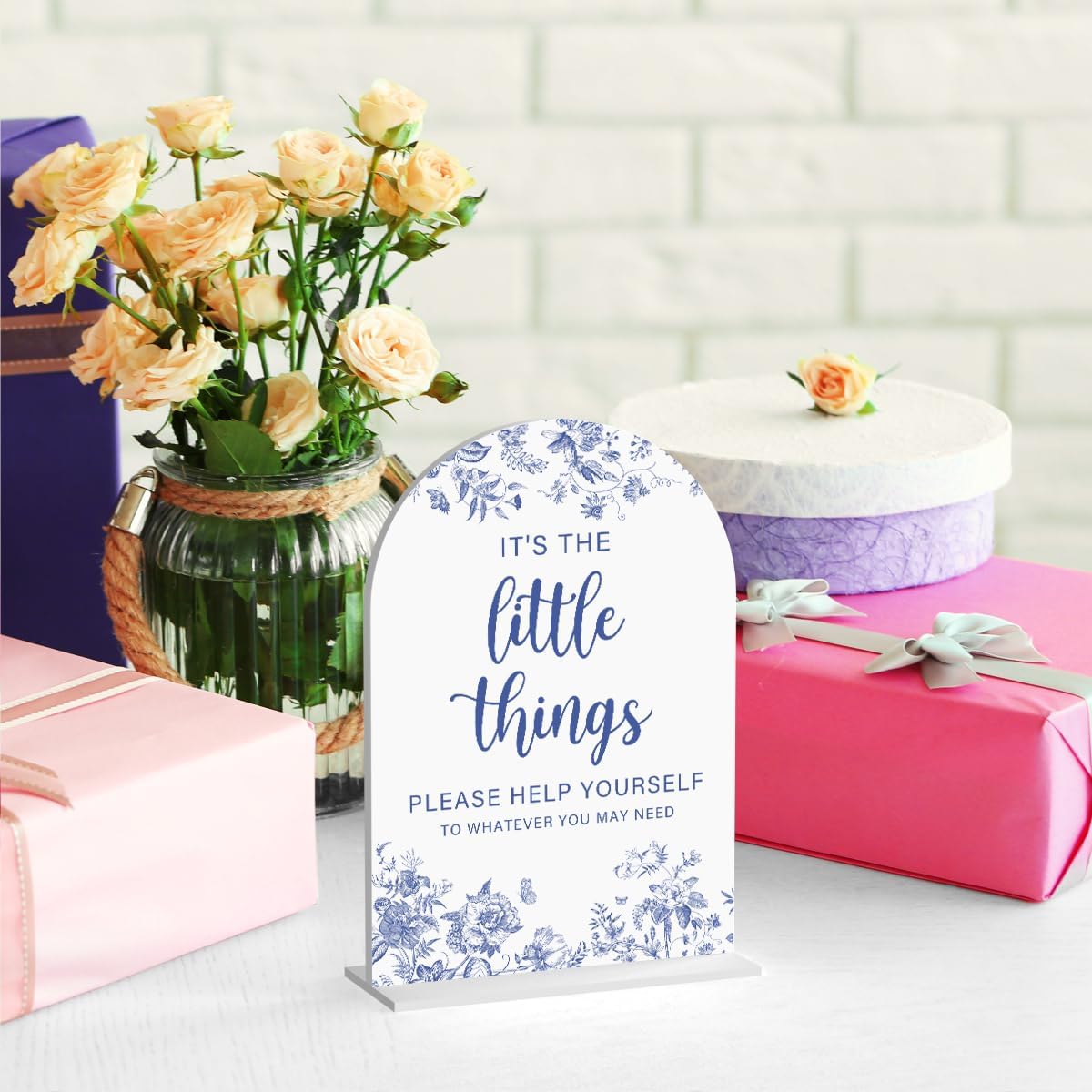 Acrylic Wedding Signs, Dusty Blue Wedding Decor, Blue Weddings Decor, Modern Calligraphy Arch Acrylic Table Top Sign for Weddings Parties Dinners - It's the Little Things (White)