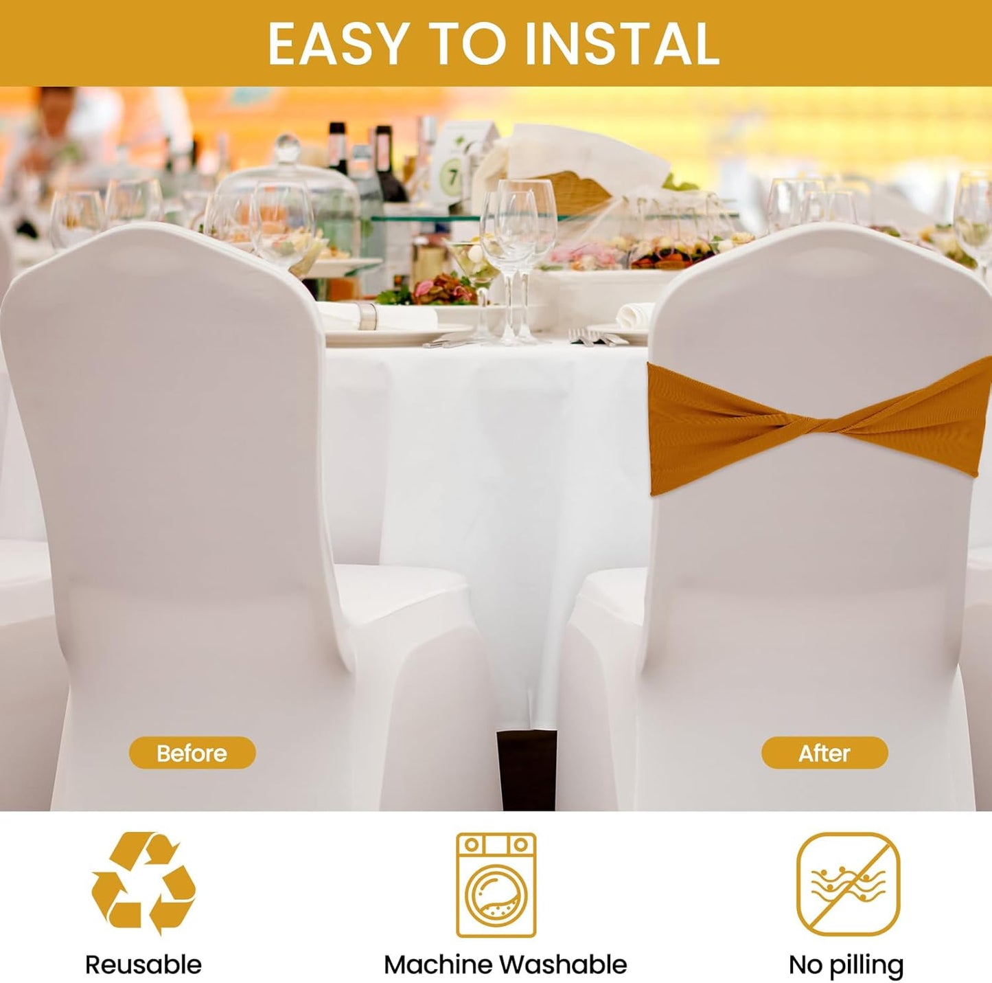 Kinlop 50 Pcs Spandex Chair Sashes Bows Chair BB0C3V65Z6Tands Slider Sashes for Covers Elastic Bands Ties Without Buckle Decorations for Wedding Party Events Ceremony Birthday(Mustard Yellow)