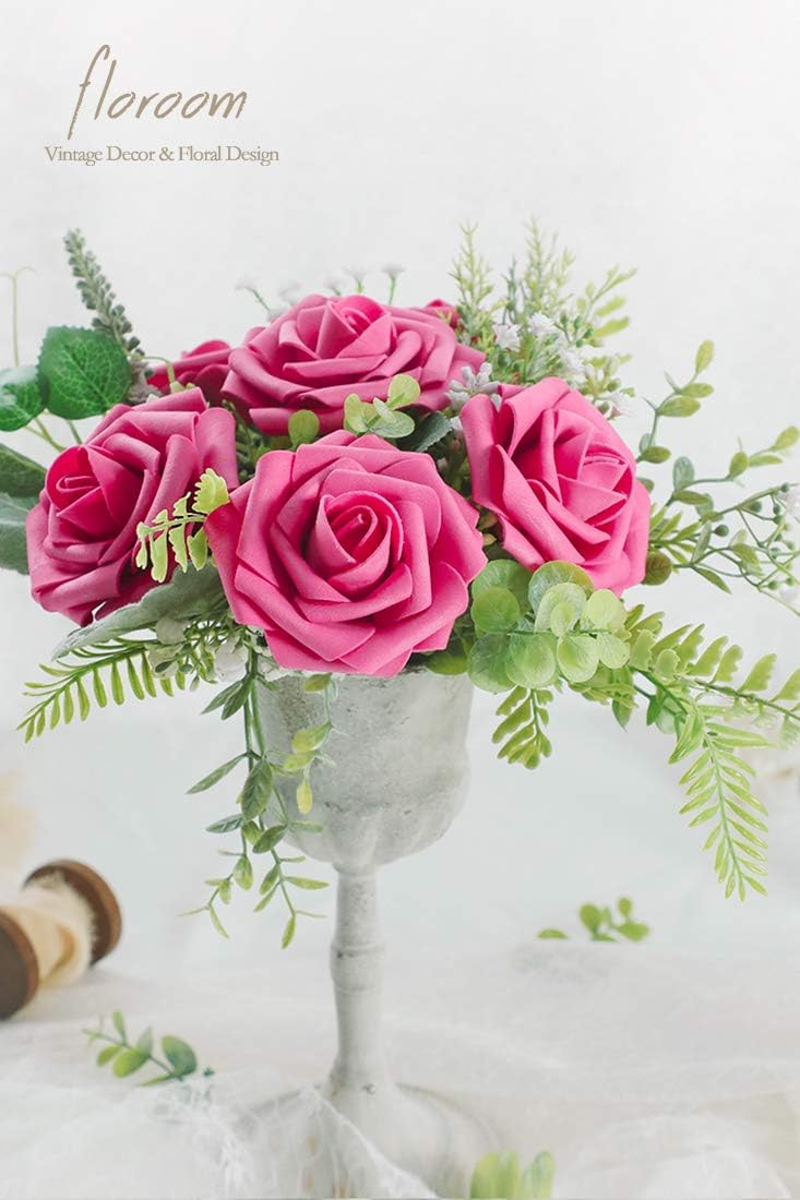 Floroom Artificial Flowers 25pcs Real Looking Hot Pink Foam Fake Roses with Stems for DIY Wedding Bouquets Bridal Shower Centerpieces Floral Arrangements Party Tables Home Decorations