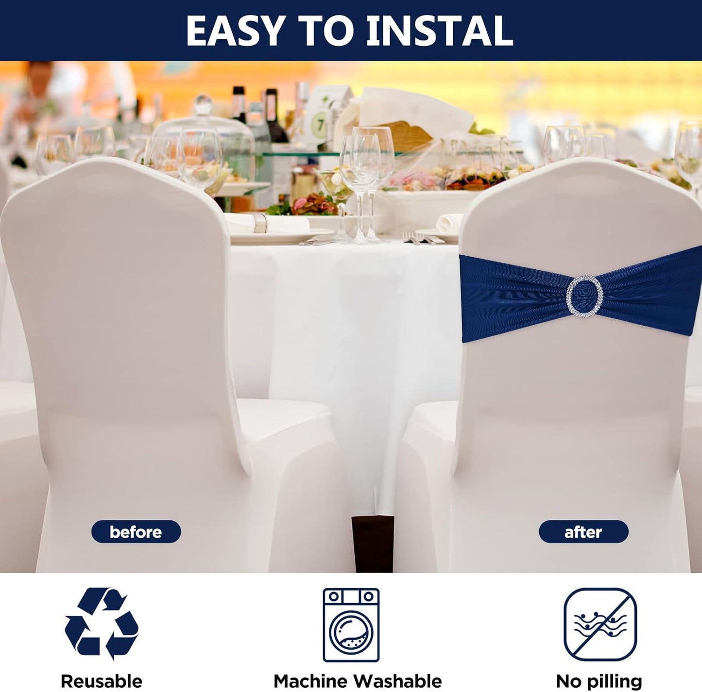 CHENGU 150 Pieces Spandex Stretch Chair Sashes Bows Elastic Chair Cover Bands Ties with Buckle Slider for Wedding Party Reception Events Universal Ceremony Banquet Decorations (Dark Blue)