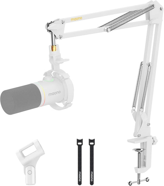 MAONO Boom Arm Microphone Stand: Adjustable Metal Suspension Mic Boom Arm for Podcasting Gaming Streaming Recording,with Desk Clamp and 3/8" to 5/8" Screw Adapter-Max Load 1KG BA20 White