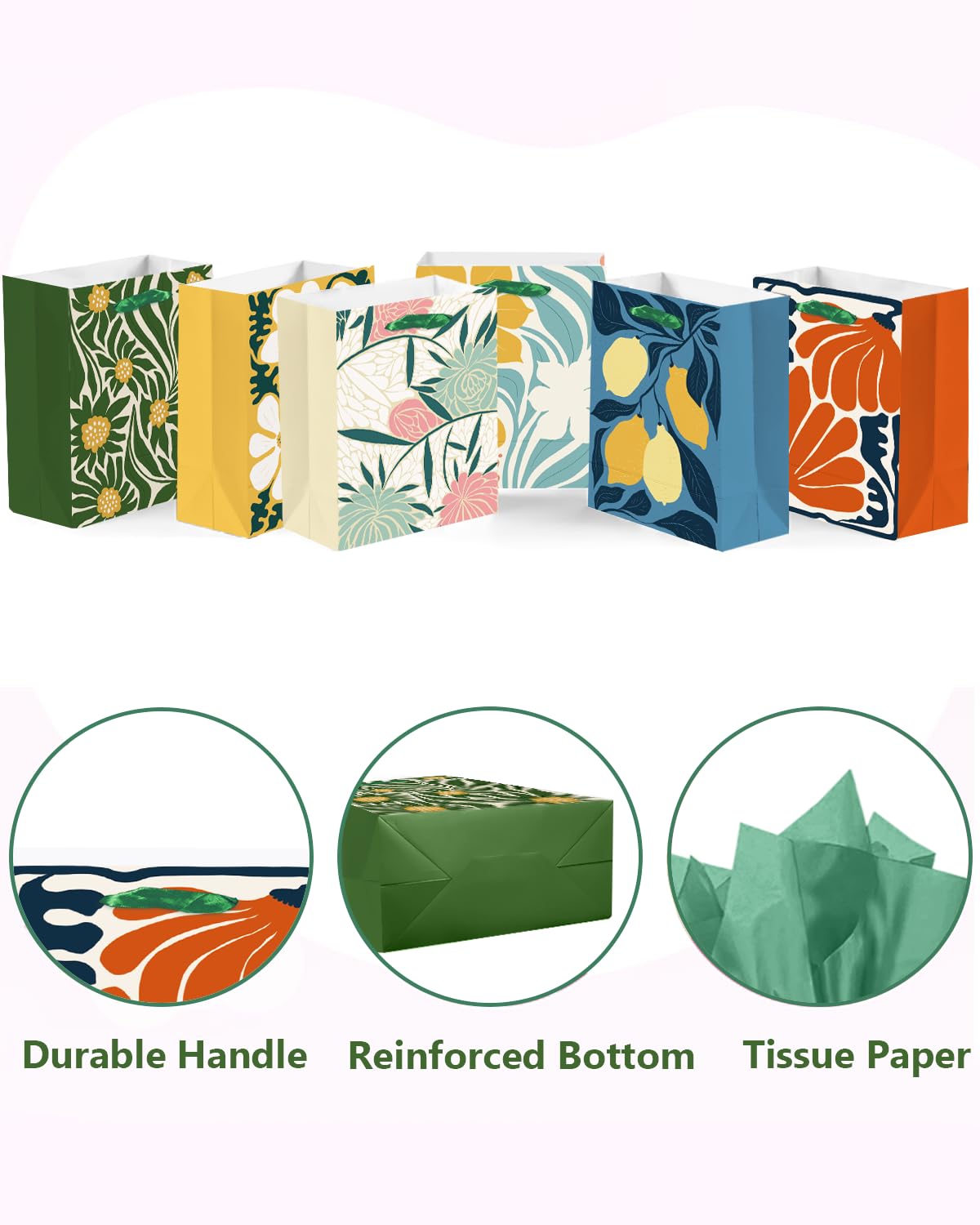 qiqee 7.9"x4.3"x9.6" 6PCS Clash Flowers Paper Gift Bags with Tissue Paper Handles Medium Size Bags（