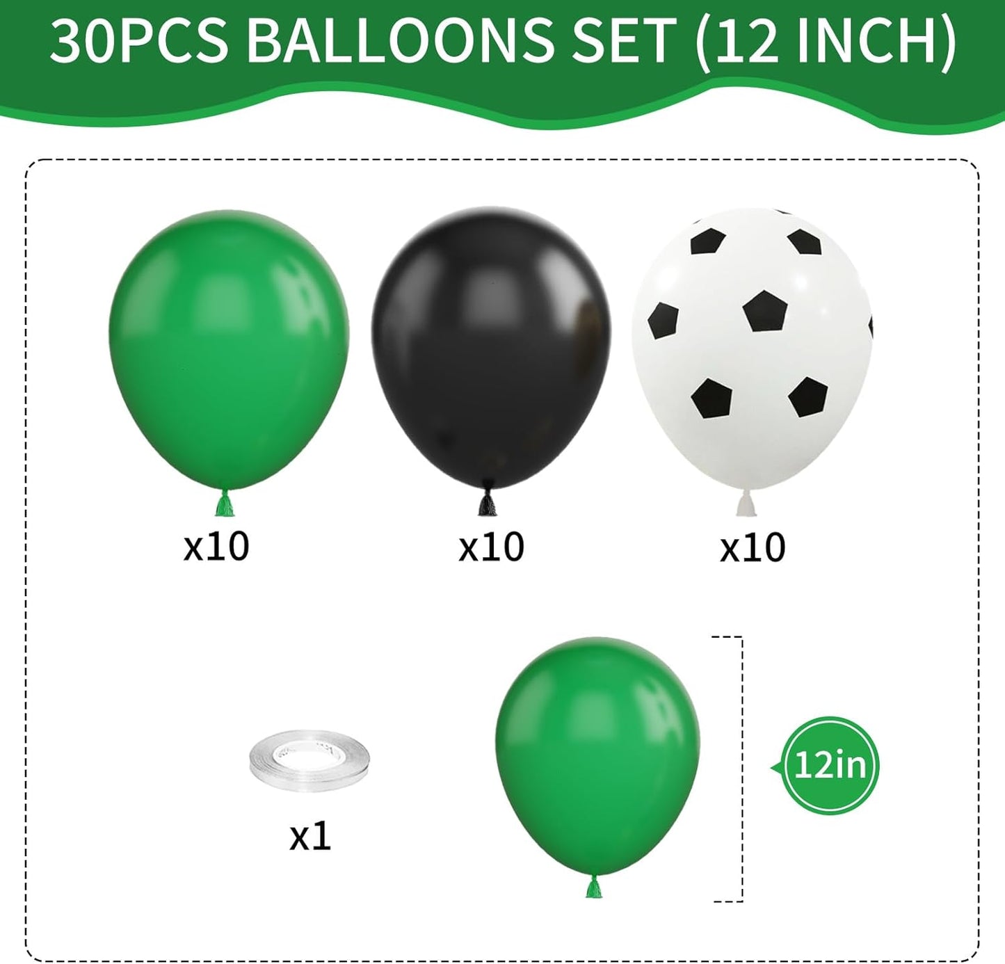 Football Balloons, 12 Inch Green Black White Latex Soccer Printed Balloons With Ribbons for Boys Football Party Sports Anniversary Baby Shower Decorations