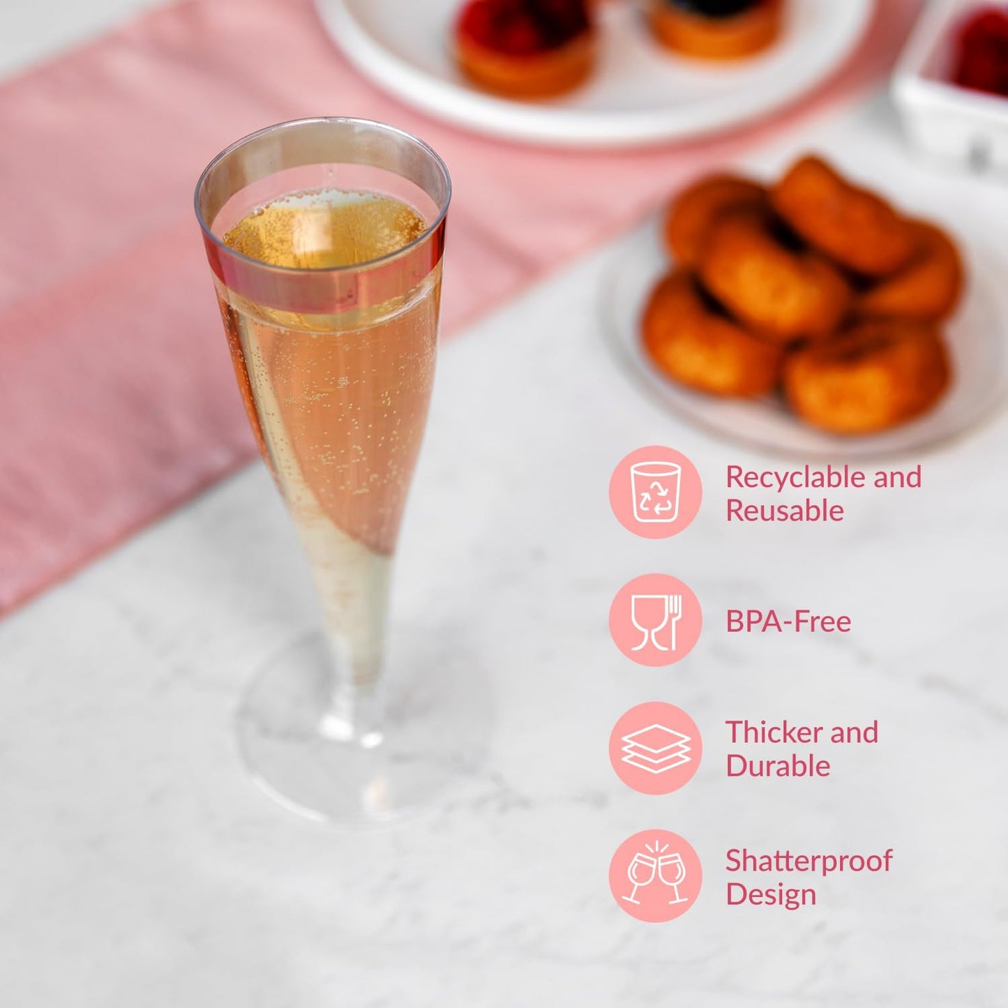 Prestee Set of 24 Plastic Champagne Flutes with Rose Gold Rim - 4.5 oz - Shatterproof Disposable Glasses - Elegant Design - Ideal for Weddings, Cocktail Parties, and Outdoor Celebrations