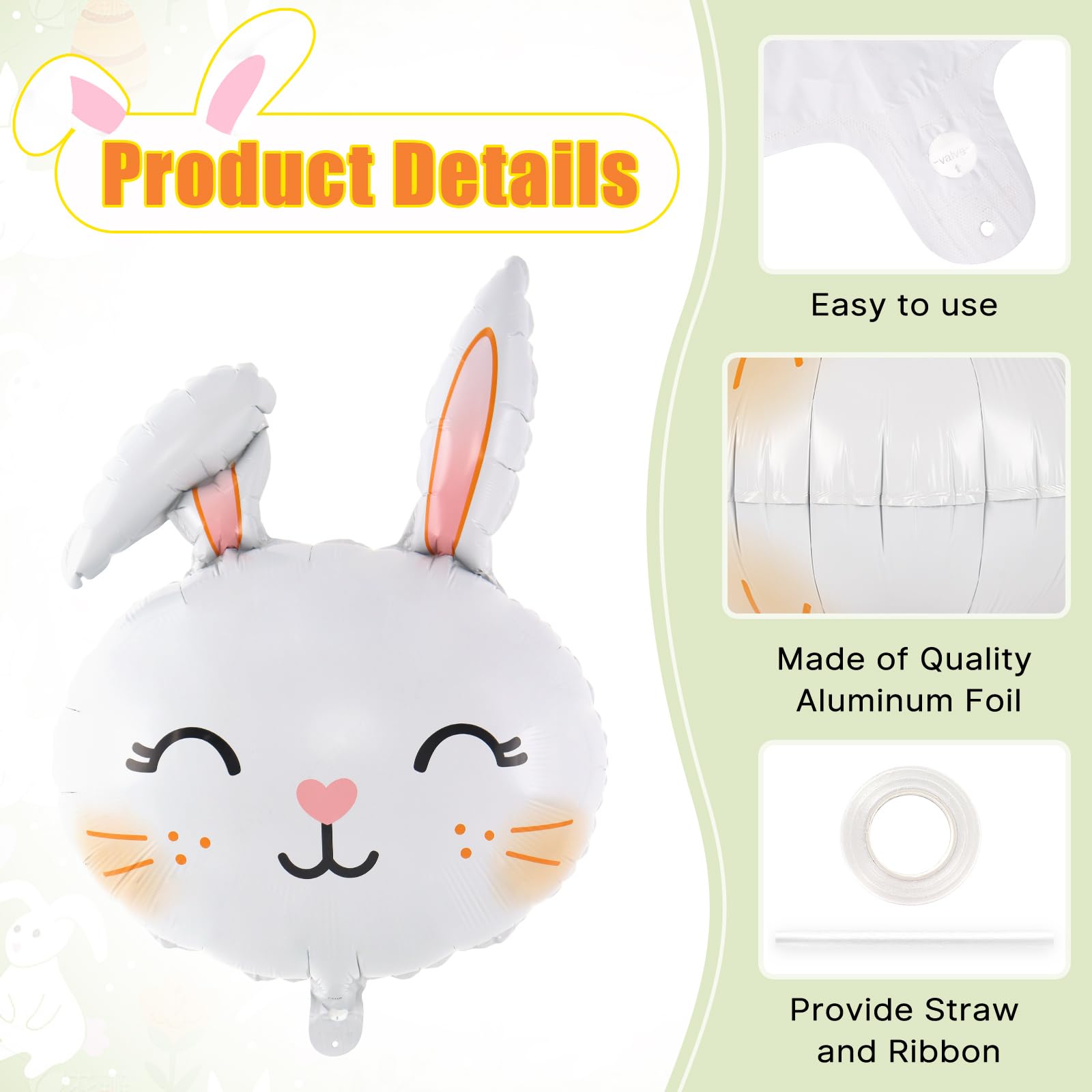6 Pcs Easter Rabbit Balloons, Giant Bunny Balloon Foil Balloons, White Rabbit Head Balloon for