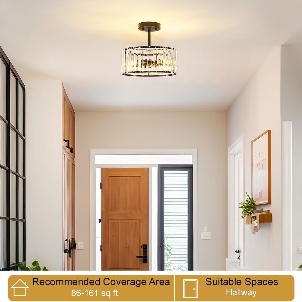 Modern Crystal Ceiling Light, Matte Black Semi Flush Mount Ceiling Lighting Fixture, Hallway Light Fixtures Chandelier for Kitchen, Bedroom Dining Room Hallway Closet, 3-Light, 12 Inch