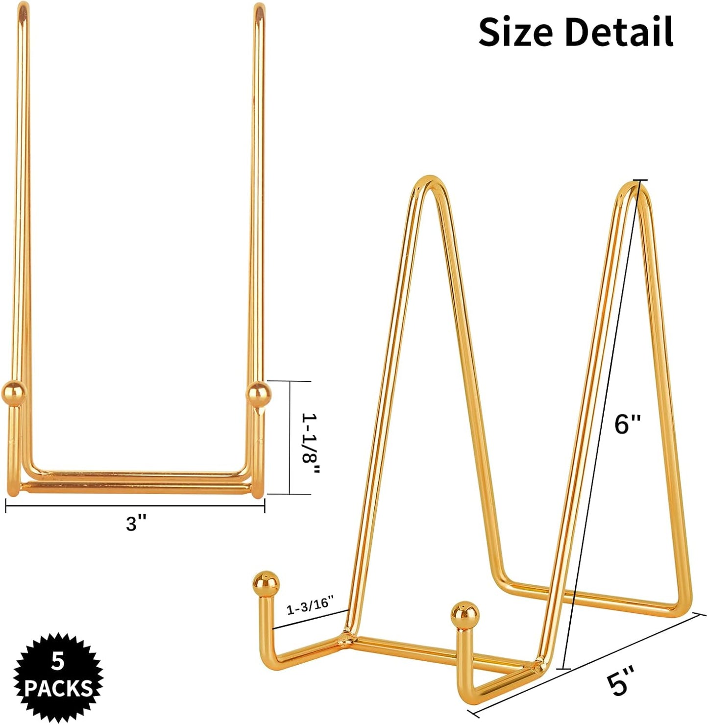IBosins 5 Pack 6 Inch Plate Holder Display Stands, Metal Gold Frame Stand for Picture, Book, Photo Easel, Creation, Collectibles