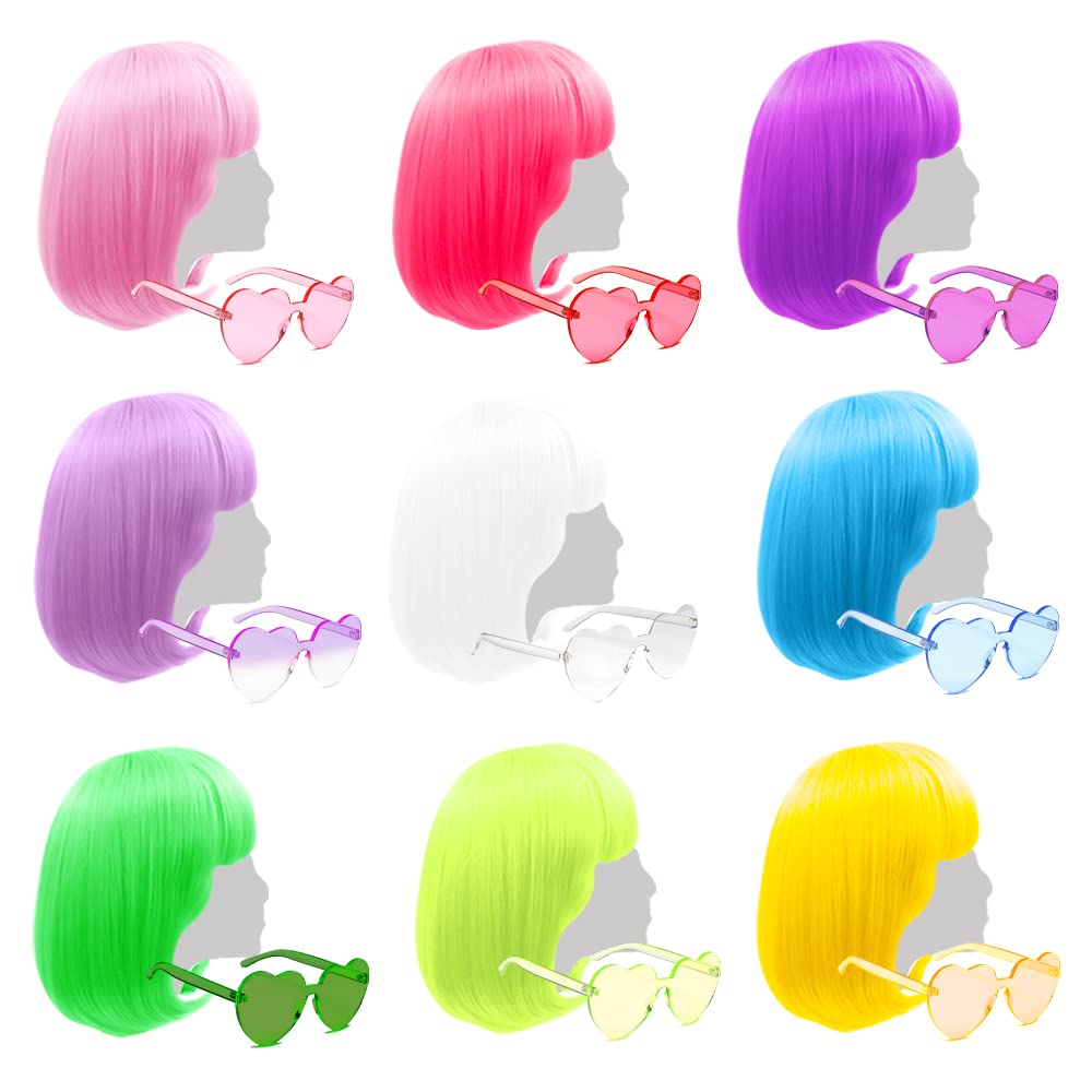 9 Pieces Colorful Bob Wig, 12" Straight with Flat Bangs, Bubble Gum Series Colored Party Wigs, Wigs for Women of Bachelorette Party Favors, Come with Extra Heart Bachelorette Sunglasses