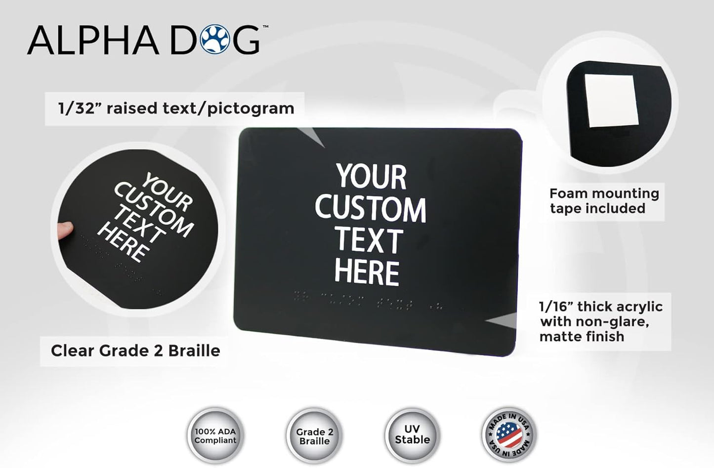 ALPHA DOG ADA SIGNS Custom ADA Compliant Braille Sign, 6"x9" Room Identification Plaque, Tactile Text, Raised Letters, Personalized 4-Line, Indoor/Outdoor, USA-Made (Black)