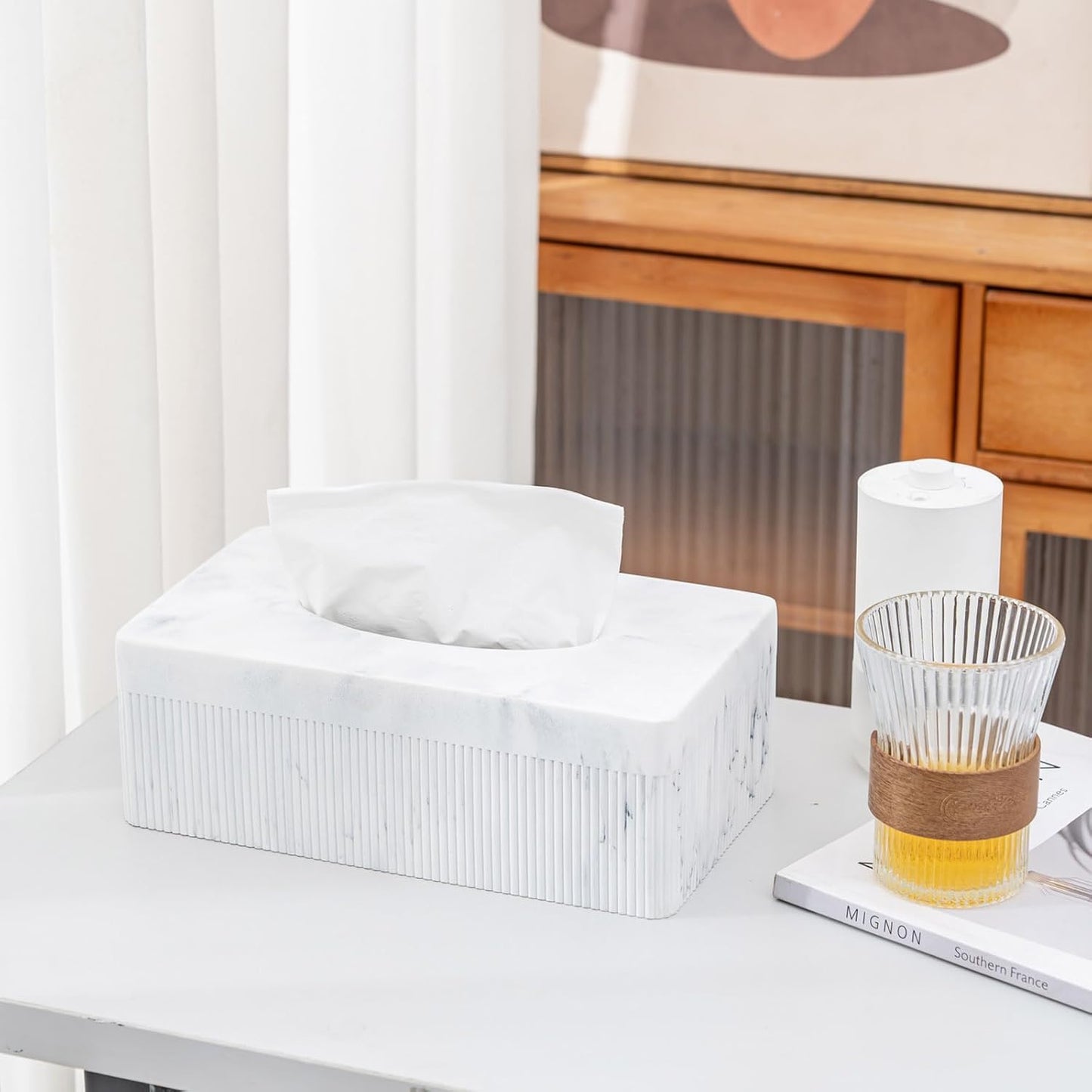 Marble Tissue Box Cover, Rectangular Napkin Facial Tissues Holder for Home Office, Hand Poured Marble Tissue Box Holder, 10 x 5.7 x 3.7 inches, White