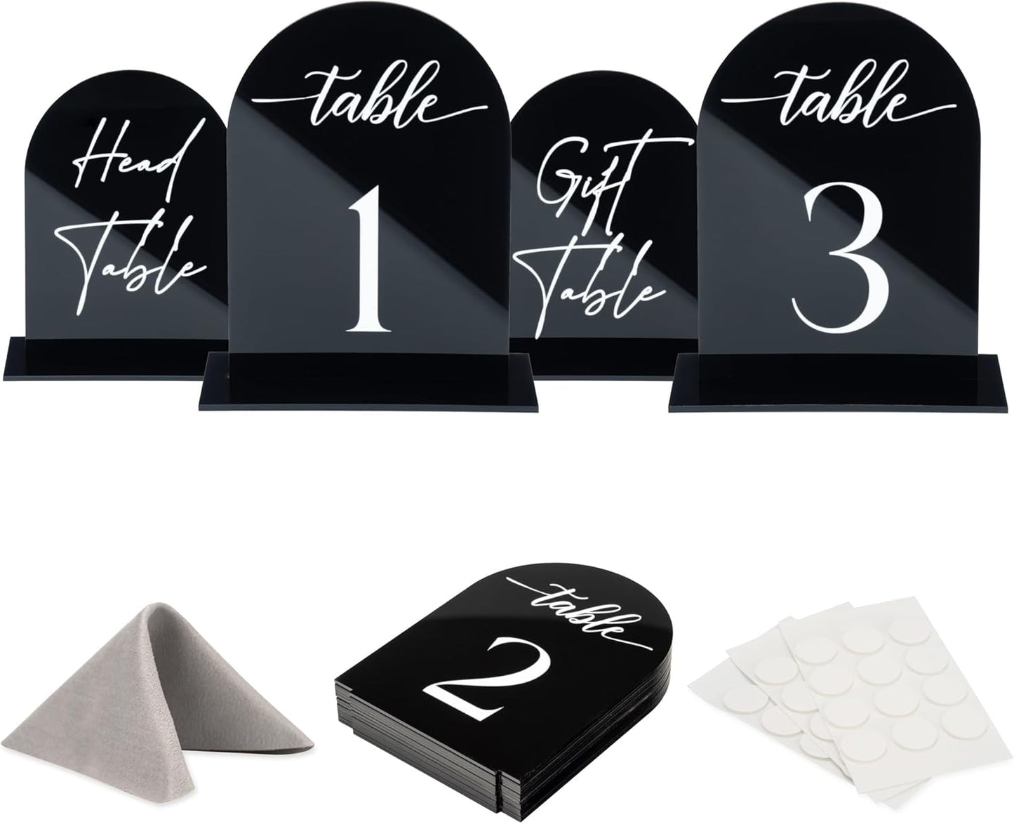 Black Arch Acrylic Table Numbers for Wedding Reception - 5" x 7" White Font Centerpiece Set with Holder Stands & Head Table Sign - Anniversary, Event, Party, Wedding set 1-10