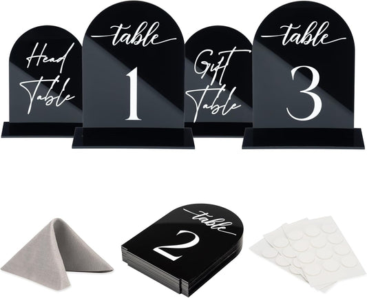 Black Arch Acrylic Table Numbers for Wedding Reception - 5" x 7" White Font Centerpiece Set with Holder Stands & Head Table Sign - Anniversary, Event, Party, Wedding Set 1-15