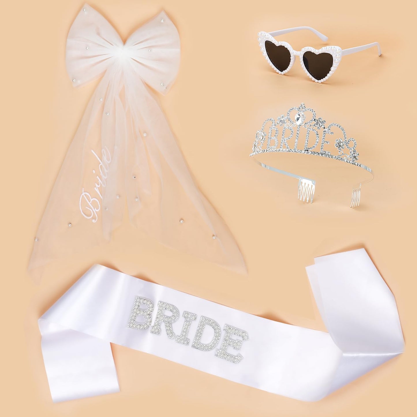 4 Pcs Bachelorette Party Decorations, BRIDE Crown,Pearl Bride Sash,White Bow Bride Veil,Bride Sunglasses for Women Bachelorette Party Gifts, Bridal Shower Supplies, Brides Accessories,Gifts, Favors