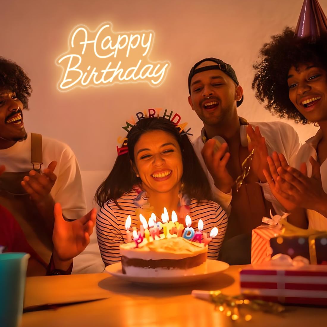 Happy Birthday Neon Sign for Birthday Party 16.5x9.8 inch Warm White