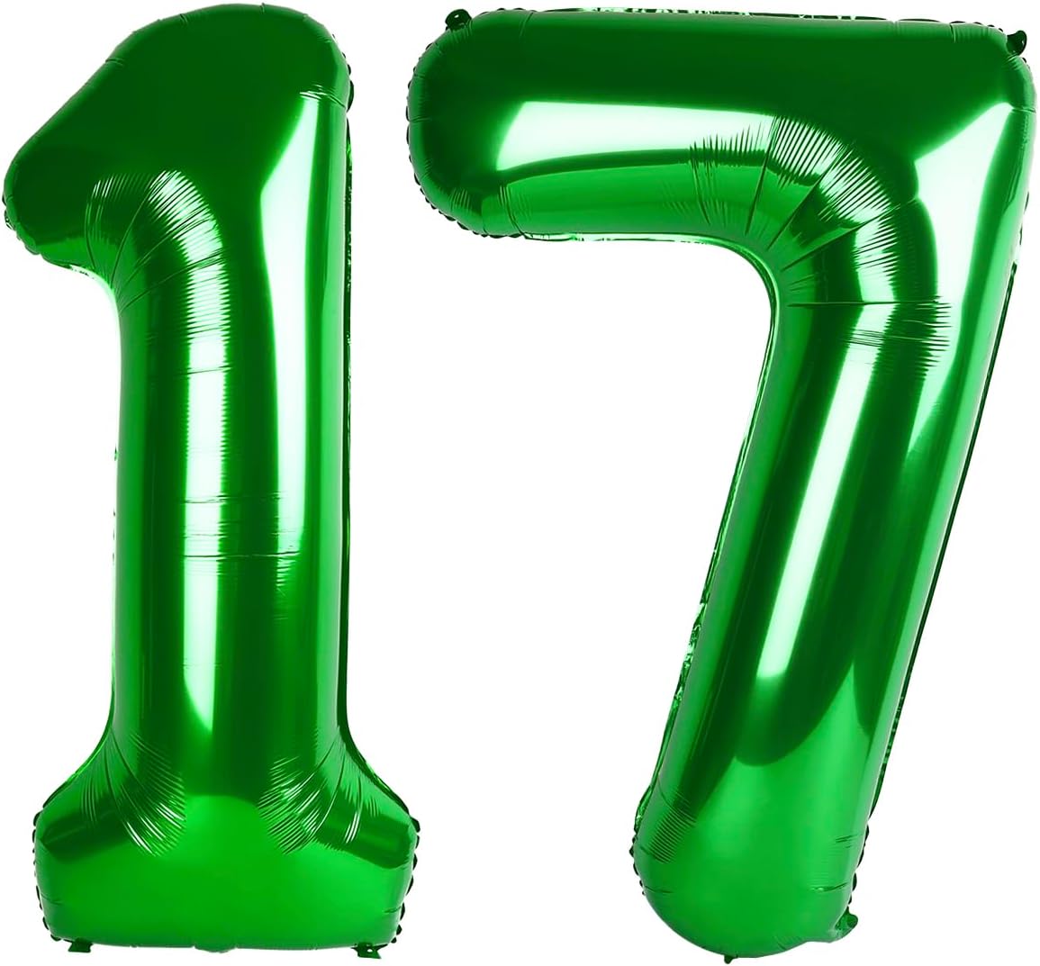 Green Number 17 Birthday Balloon 40 Inch, Digital Balloons for 17 Party Celebration Decorations Supplies, Mylar Foil Numbers Balloon for 17 Wedding Anniversary