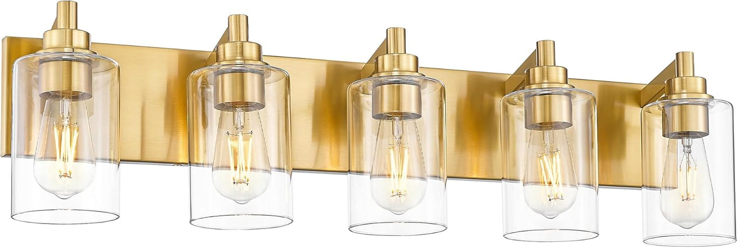 5-Light Bathroom Light Fixtures, 30 Inch Brushed Gold Vanity Light with Cylinder Clear Glass Shade, Modern Vanity Lighting Fixtures Over Mirror, VL143-BG-5