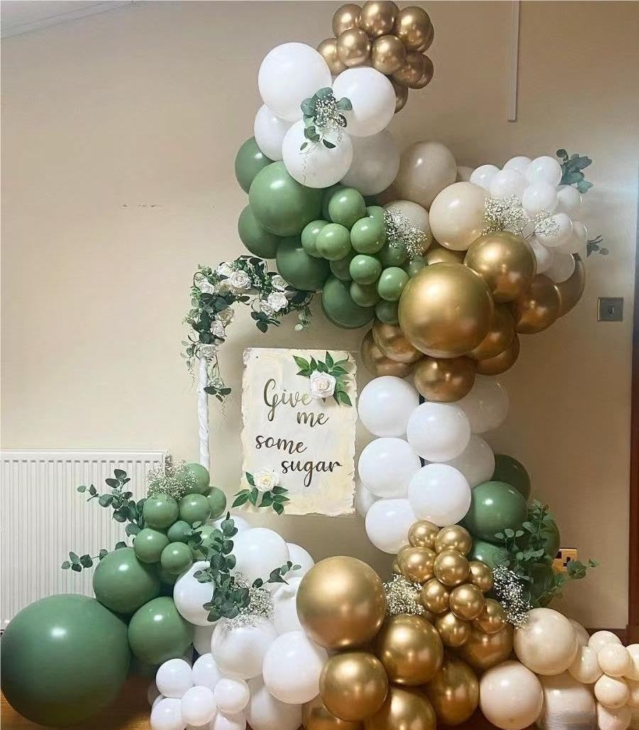 MEBAY Sage Green White Gold Balloon Garland Arch Kit, 146Pcs Latex Balloons Different Sizes 18 12