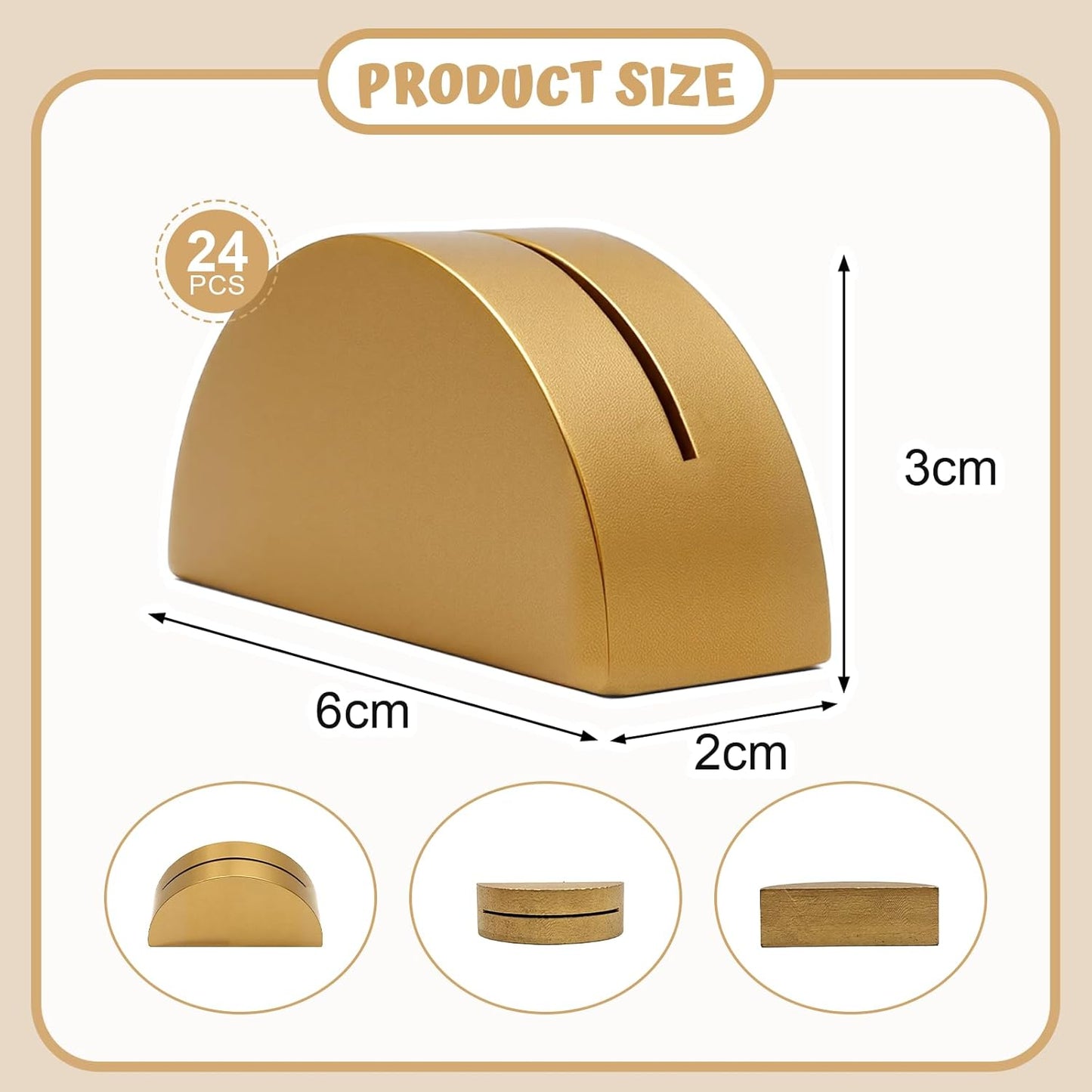24 Pcs-6cm Table Number Stands, Wooden Semicircular Base - Wedding Place Card Holders, Restaurant Menu & Photo Holders for Tables Lightweight Indoor Design Office Tag Clips Banquet Birthday Party (gold)